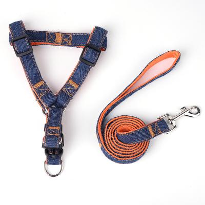 China Adjustable Dog Leash Rope Chest Stocked Walking Harness And Collar Pack Small And Medium Dogs Durable Denim for sale