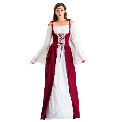 China Lace Up Two Color Patchwork Halloween Cosplay Costume, Off-the-Shoulder, Medieval Renaissance Belted Long Sleeve Dress for sale