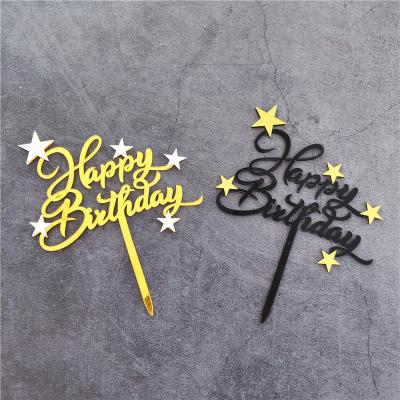 China Cake Accessory 2021 Fancy Black Gold Platinum Star Happy Birthday Acrylic English Cake Topper for sale