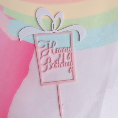 China Acrylic Baking Cake Topper Cake Decoration Candy Color Double-Layer Bow Happy Birthday Cake Topper for sale