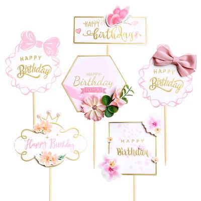 China Creative Happy Birthday Flower Butterfly Girl Cake Toppers Wholesale Cheap Decorating Paper Cake Accessory for sale