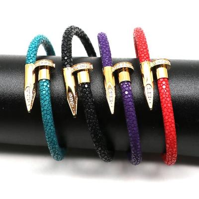 China New FASHIONABLE Colorful Genuine Leather Jewelry For Stainless Steel Stingray Nail Leather Bracelet for sale