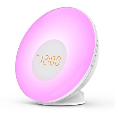 China Antique Style LED Wifi Smart Wake Up Light Work Day Alarm Clock FM Radio with 7 Color Handsfree Voice Control Sunrise Clock for sale