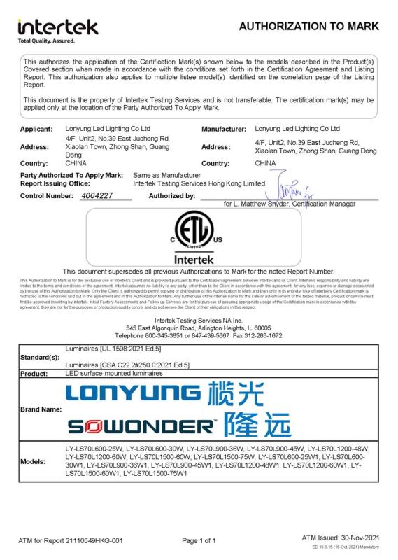 ETL - Guangdong Lonyung Led Lighting Co., Ltd.