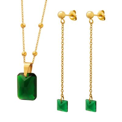 China Tarnish Free And Water Resistant Fashion 18K Gold Plated Emerald Green Cubic Zirconia Necklace Earrings Stainless Steel Jewelry Set for sale