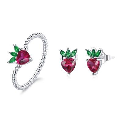 China BAMOER Cute Fruit Charm 100% 925 Sterling Silver Lovely Little Strawberry Ring Earrings Red Crystal Zircon For Women Jewelry ZHS228 for sale