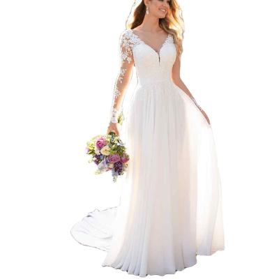 China Vestidos De Novia V Neck Long Sleeves Wedding Party Bridal Prom Dresses Backless Applique White A Line Lace Anti-Static for sale