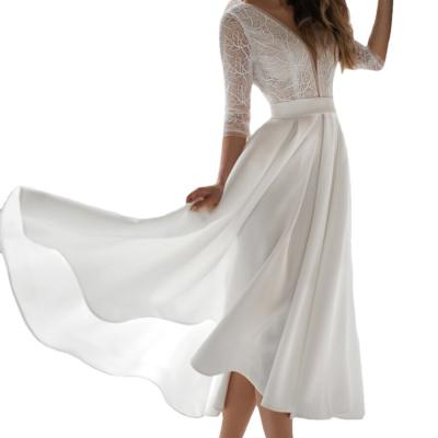 China Anti-Static White Long Sleeve Deep V-Neck Backless Skirts Solid Color Mid Length Dress Party Evening Dresses for sale