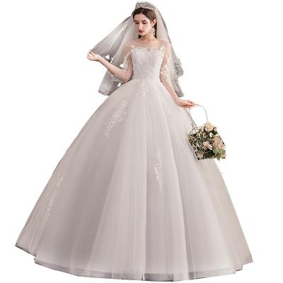 China Fashion Breathable Elegant Lace White Champagne Long Sleeve One Shoulder Embroider Plus Size Bridal Gown Wedding Dresses for sale