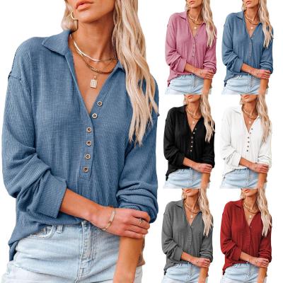 China Anti Shrinkage Turn Down Collar Solid Color Girls Long Sleeve Top T-Shirts Women Tops Ladies Blouses And Tops for sale