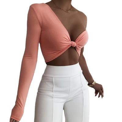 China Elegant Deep Neck Nine Shoulder Casual Hollow Sleeve Long Womens Tight Breathable Shirts V Neck Crop Tops Blouses for sale