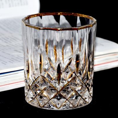 China Old fashion etched dimand 300ml gold rimmed whiskey glass mug crystal clear viable for sale