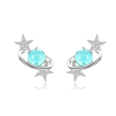 China Romantic Hot Sale Blue Planet With Star Stud Earrings For Women Authentic 925 Sterling Silver Design Universe Fashion Jewelry for sale