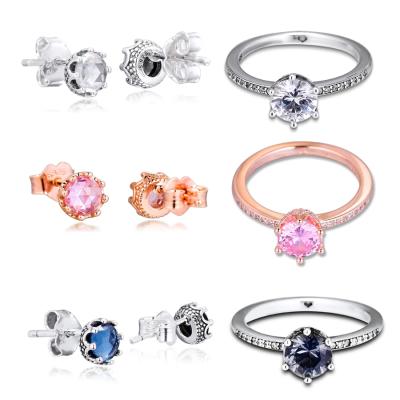 China 100% Romantic 925 Sterling Silver Earring Jewelry Gift 2020 New Autumn Pink Sparkling Crown Solitaire Ring For Women Brand Original for sale