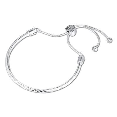 China 100% Real Original Romantic 925 Sterling Silver Beads Snake Chain Slider Bracelet Fit Pan Moments Pave Heart Clasp Bracelet for sale