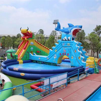 China New Design Durable Hot Selling Size Customized Dragon And Shark Theme Inflatable Water Park, Inflatable Water Slide With Pool For Sale for sale