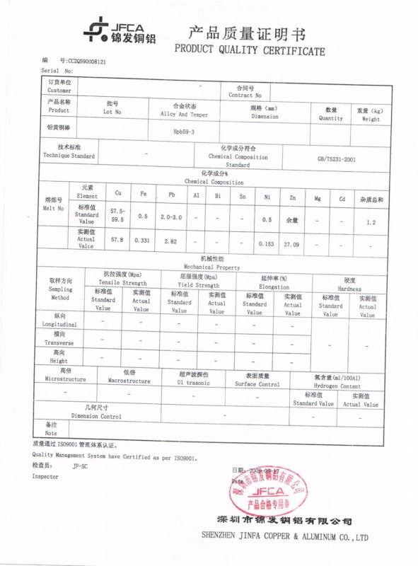 Brass Quality Certificate - Dongguan Geheng Locks Co., Limited