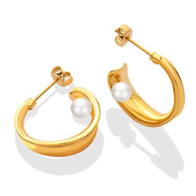 China New FASHIONABLE C Shaped Stainless Steel Studs Earrings For Women Gold Color Luxury Jewelry Small Pearl Circle Buckle Pierced Female Earrings for sale