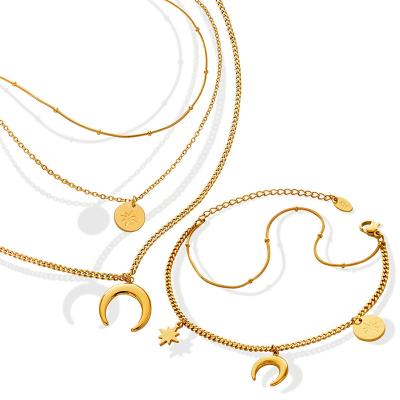 China New TRENDY Women Gold Color 3 Layers Star Moon Sun Necklace Bracelet Set Stainless Steel Clavicle Chain Luxury Quality Designer Jewelry for sale