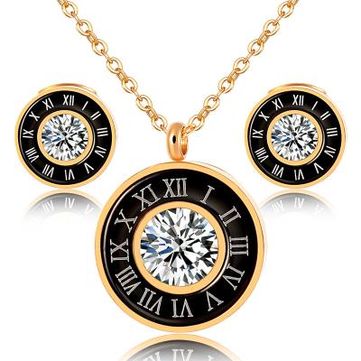 China FASHIONABLE Black Shell Pendant Necklace and Earring Sets for Women Luxury Roman Numeral Clavicle Necklaces Stainless Steel Zirconia Jewelry for sale