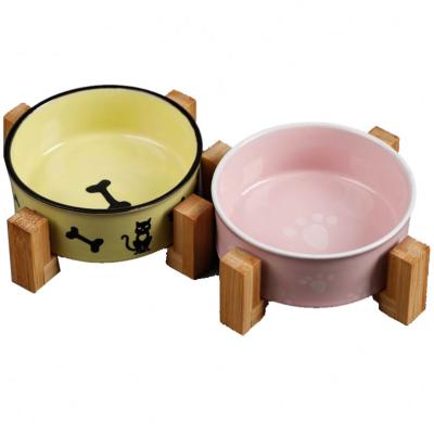 China Cat Feeder Single Wood Pet Bowl Feeder Bamboo Pet Food Raised Water Sustainable High Ceramic Feeder for sale