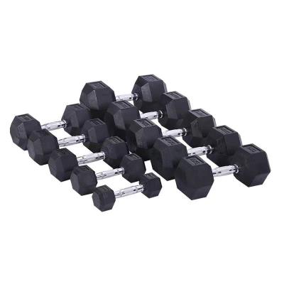 China Weight Gym Equipment Fitness Dumbbells Set Rack Rubber Coated Hex Pump Weightlifting Factory Direct Hexagon Dumbbell Rubber Dumbbell for sale