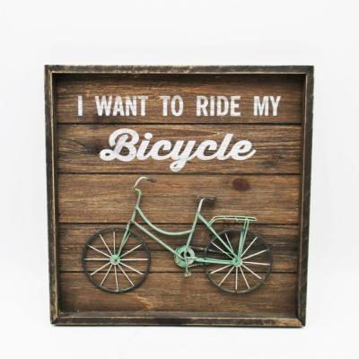 China 100% handmade & Hand Paint New Product Wholesale Wood Wall Hanging Indoor Outdoor Rustic Decorations with Metal Bike Details for BAR Cafe Home Decor for sale