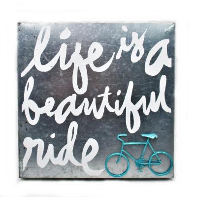 China 100% handmade & Wholesale Modern 2019 Hand Painting Metal Display Wall Hanging Decoration With Sign And Saying White Letter Life Is A Beautiful Ride for sale