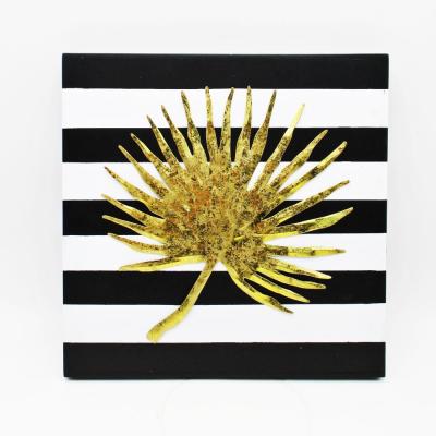 China 100% handmade & Hand Painting New Product Aesthetic Black And White Stripes Wall Hanging Wood Frames With 3D Metal Gold Leaf Art Picture For Home Decoration for sale