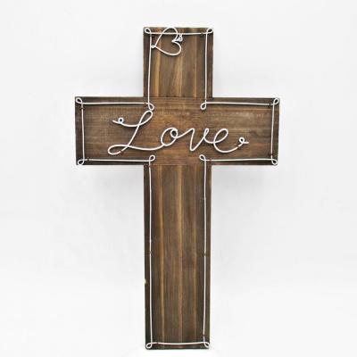 China Europe Wholesale OEM ODM Personalized Rustic Wooden Cross With Silver Color Metal Wire Love Sign For Novelty Gifts Wedding Decoration for sale