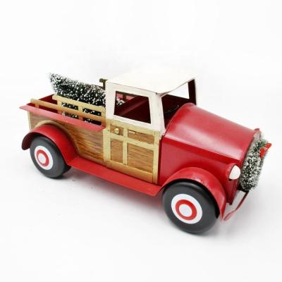 China 100% China Supplier New Vintage Novelty Red Metal Christmas Trucks Handmade Design With Tree For Christmas Creative Home Interior Decoration for sale