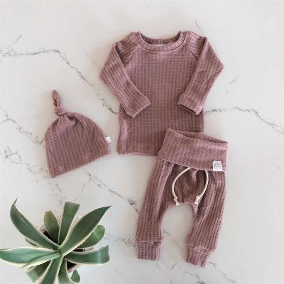 China Custom Newborn Cute Baby Girls Cotton Waffle Next Home Outfits Anti-Shrink Clothes Set Long Sleeve Jumpsuit With Pants Infant Clothing for sale