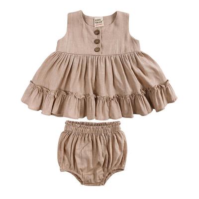 China Anti-wrinkle Manufacturer Custom summer sleeveless ruffles canvas baby clothes cotton organic canvas baby dress set clothes set for sale