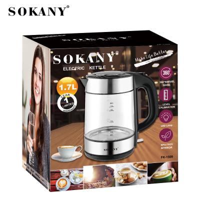 China Sokany Cordless Electric Kettle 1.7L 1800W Glass Body Water Kettle Portable Electric Glass For Home Appliance for sale