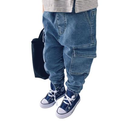 China Breathable English Style Kids Fashion Cargo Pants Jeans Elastic Waist Denim Blue For Boy Children for sale