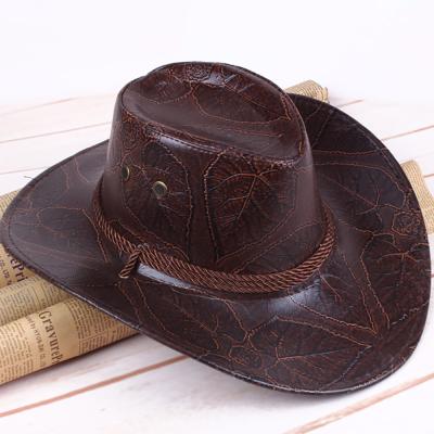 China Large Multifunctional Leather Cowboy Hat Flat Top Men's Leaves Printed Wide Brim Bucket Hats Man Felt For Women Fedora Swanowing Mens for sale