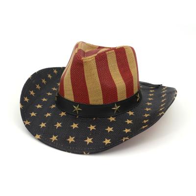 China Dropshipping Summer Cowgirl Hat Wide Brim USA American Flag Cowboy Classic Leather Hat Men PU Sun Protection New for sale