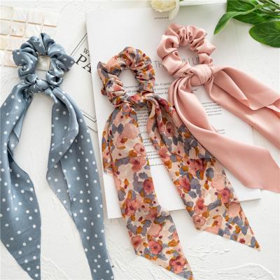 China Decorate Fashion Floral Print Scrunchies Solid Color Ribbon For Women Ponytail Scarf Satin Elastic Bands Hair Silk Accessories for sale