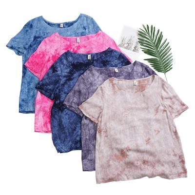 China Breathable Casual Loose Dyed Harajuku Cotton Women Short Sleeve O-Neck Shirt For Girls Very Soft M30311 for sale