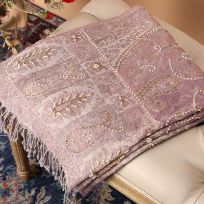 China 100% Hot Women Bohemian Merino Plain Fashion Stole Female Indian Embroidery Rose Shawl Pearl Scarf Autumn Winter Thick Wool Warm for sale