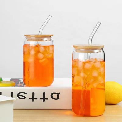 China Hot Selling 400ml 540ml Heat Resistant Beer Can Shaped Glasses With Bamboo Lid And Glass Straw Water Mug Drinking Cup for sale