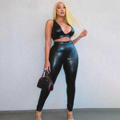 China Breathable 2021 Women's Autumn Trends PU Leather Two Piece Sets Tight Pants And Bra Club Wear For Women for sale