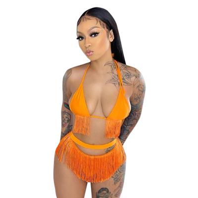 China 2021 Mini Brazilian Bikini Strappy Tassel Beach Slit Breathable Bikini Hanging Neck Swimwear Suit Women for sale