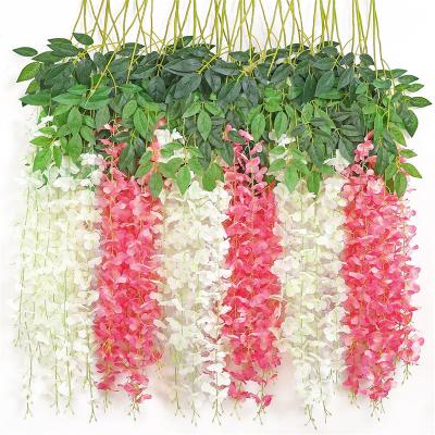 China Durable Fluffy Wisteria Ivy Vine Wall Backdrop Hanging Flowers Wedding Decorative Silk Flower Garland Purple Wisteria Flowers Artificial for sale