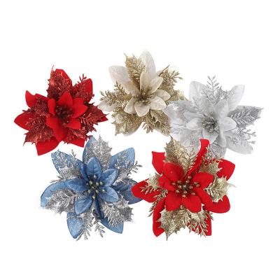 China Wholesale Leader Red Christmas Flower Poinsettia Gold Silver Glitter Plant Artificial Plastic Gold Glitter Flower Decorations for sale