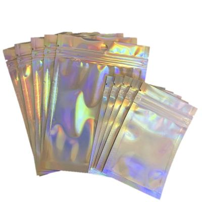 China Custom Logo Smell Proof Aluminum Foil Mylar Food Packaging Hologram Ziplock Resealable Plastic Edible Bags Recyclable Small Bags for sale