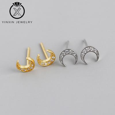 China YiXin Jewelry S925 Small Sterling Silver Ear Pin Zircon Moon Gold Earrings Ladies Student Fashion Jewelry Small for sale