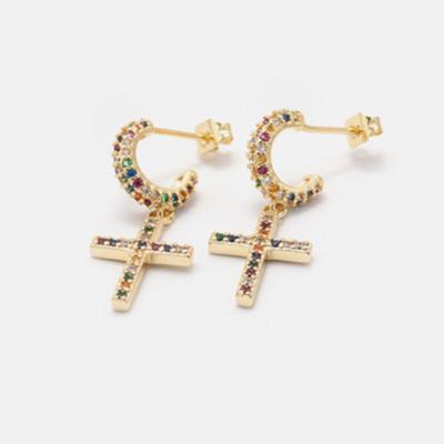 China Wholesale Color Cruciform Diamond YiXinJewelry Creative Ladies Earrings European And American Color Zircon Jewelry Cross Earrings for sale