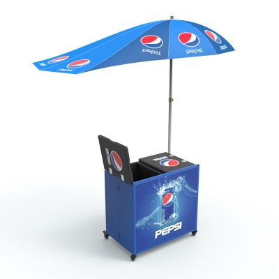 China Promotion Outdoor Advertising Outdoor Folding Table With Wheels And Solar Umbrella for sale