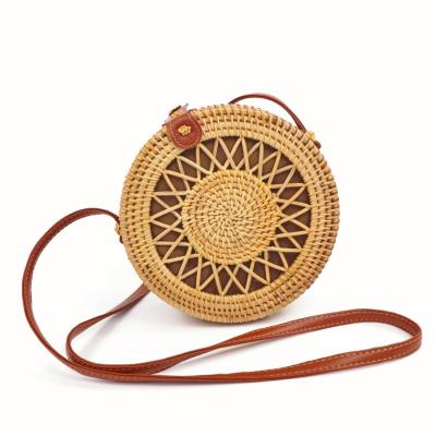 China Japan Style Natural Chic Hand Woven Rattan Round Leather Straps Shoulder Bag for sale